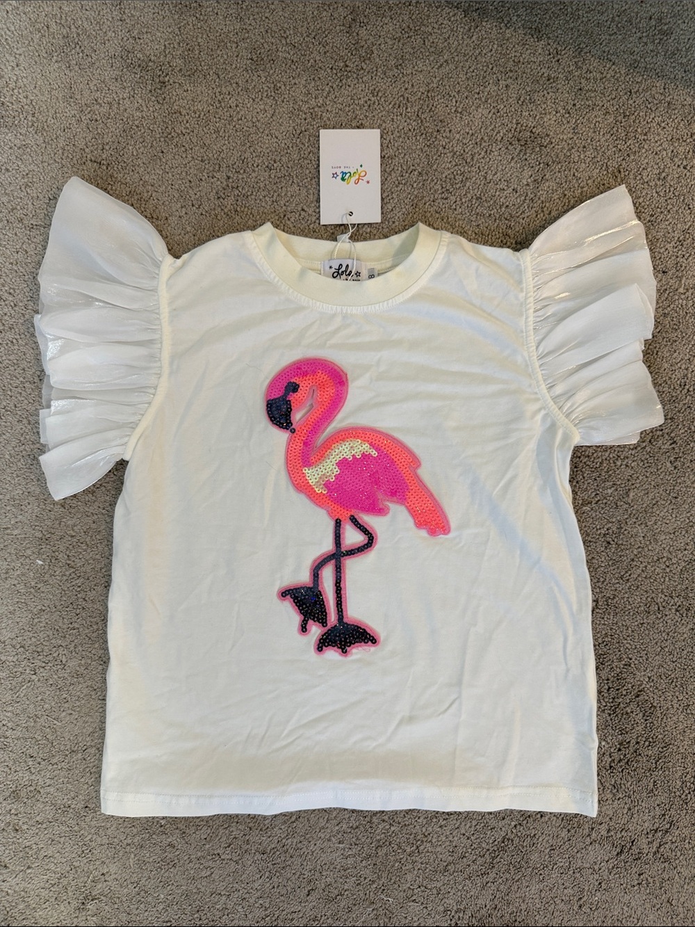 Lola and the Boys White Girls Flutter Sleeve Tee with Pink Sequin Flamingo